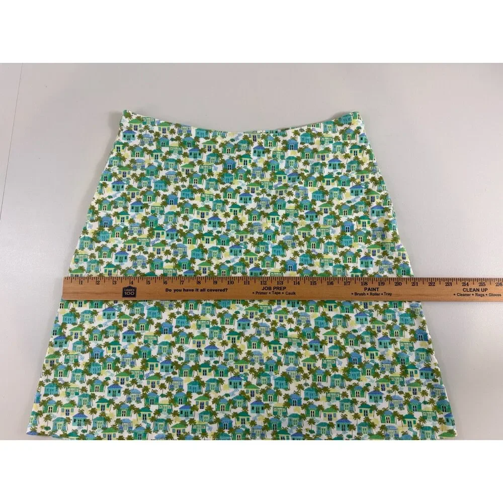 J Jill Pull On Skirt Cotton Modal Tropical Houses Palm Trees Print Women's S